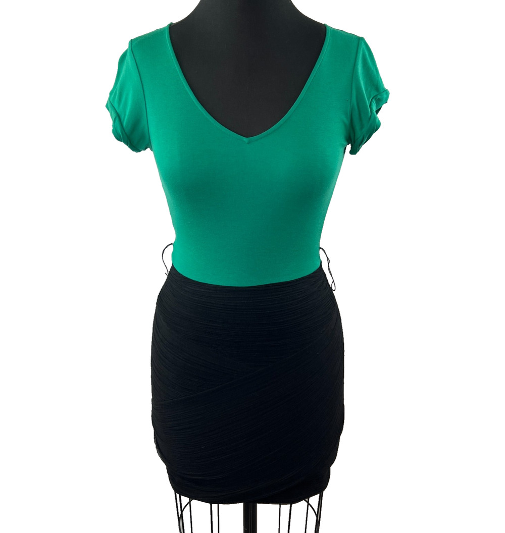 BCBG MaxAzria Green Black Tulip Shirt Mini Dress Zipper V Neck Size 4